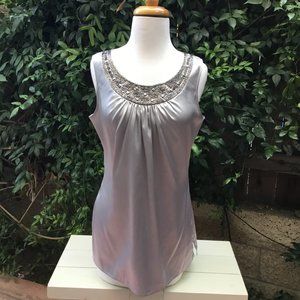 Chico's Silver Charmeuse Beaded Jeweled-neck Sleeveless Blouse 0